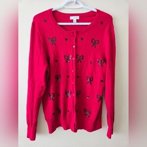 Charter Club XL Red With Black Sequin Bow Cardigan